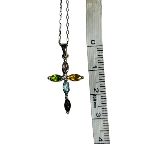 Sterling Silver Multicolor Gemstone Cross Pendant Necklace 20 inch - Picture 6 of 7